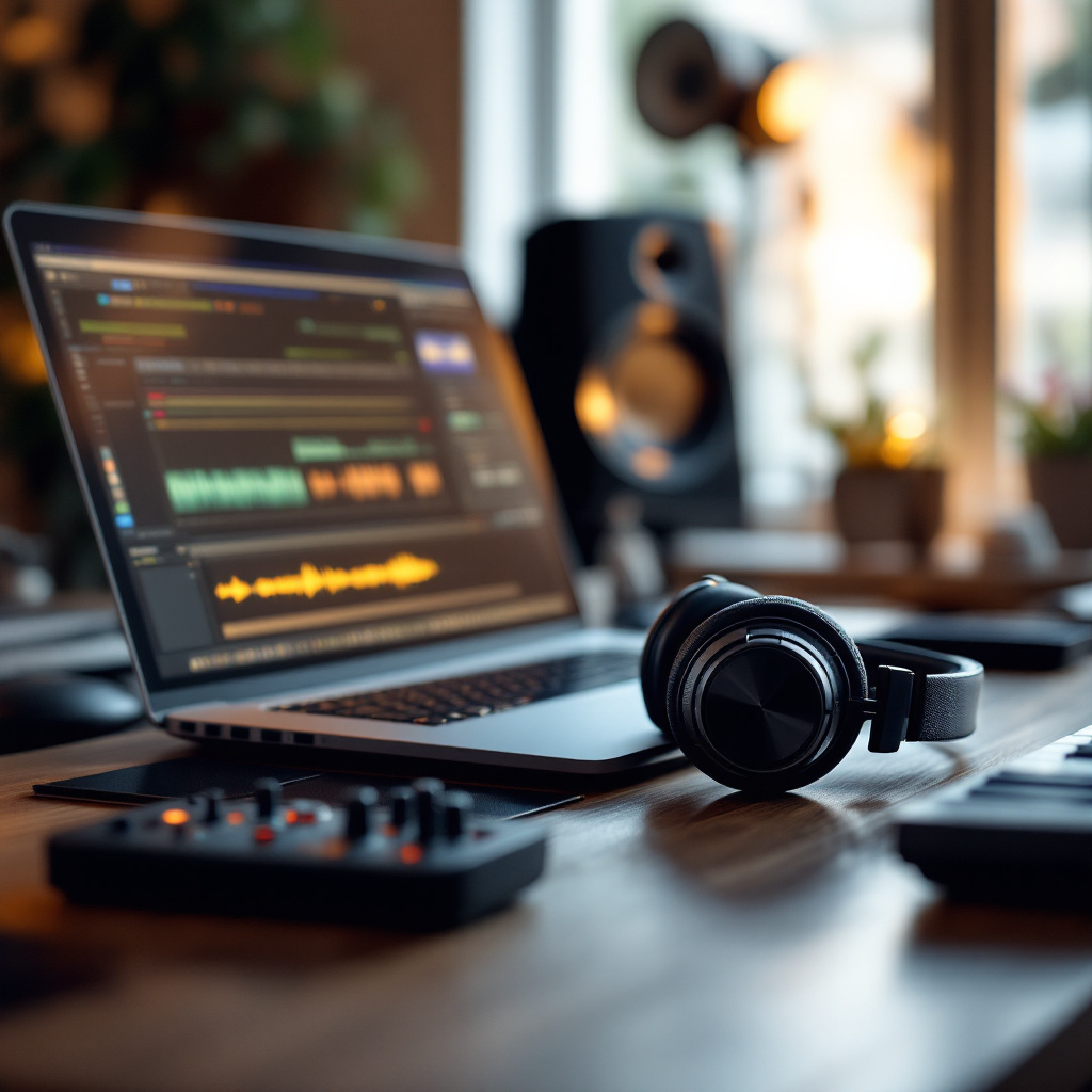 Home-Studio-Setup zum eigene Musik produzieren am PC für Anfänger mit Laptop, Kopfhörern und MIDI-Keyboard
