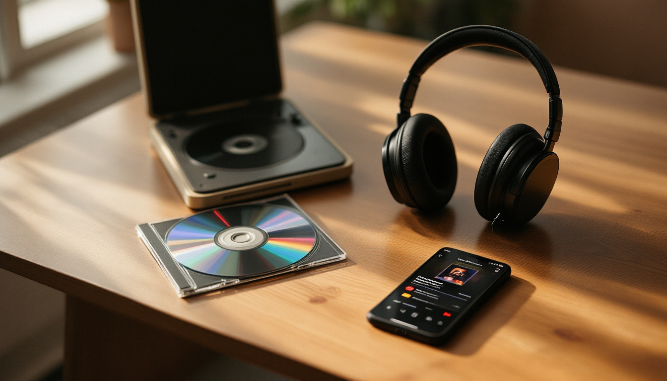 Femme Like You Musikthema mit CD, Kopfhörern und Streaming-App auf Holztisch