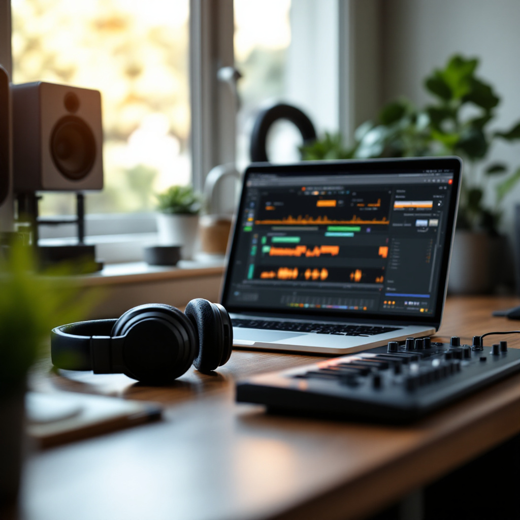 Arbeitsplatz mit kostenlose Musiksoftware für Einsteiger auf einem Laptop mit Kopfhörern und MIDI-Keyboard