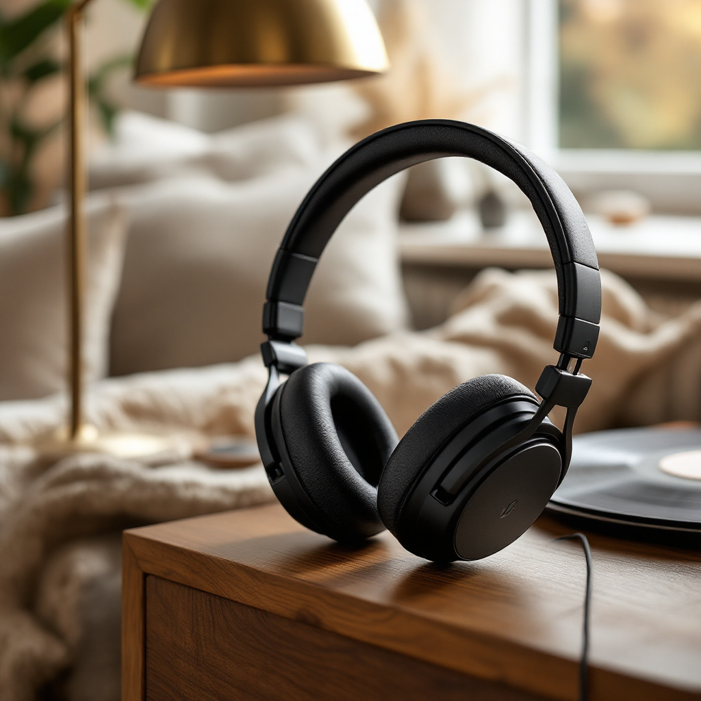 Welche Kopfhörer für zuhause Musik hören: Over-Ear-Kopfhörer auf Holztisch im Wohnzimmer