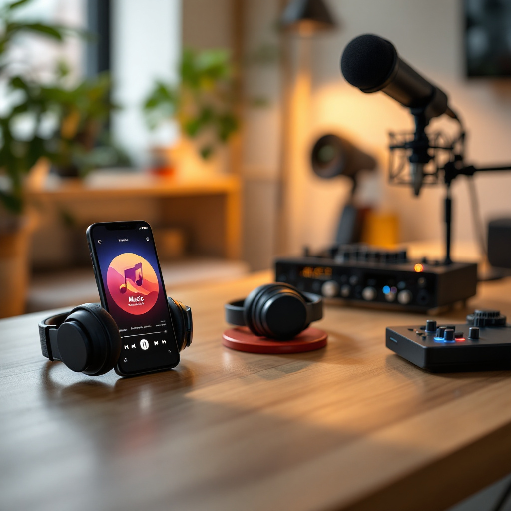Arbeitsplatz zeigt wie Musiker Geld mit Streaming verdienen über Streaming-App und Studio-Equipment